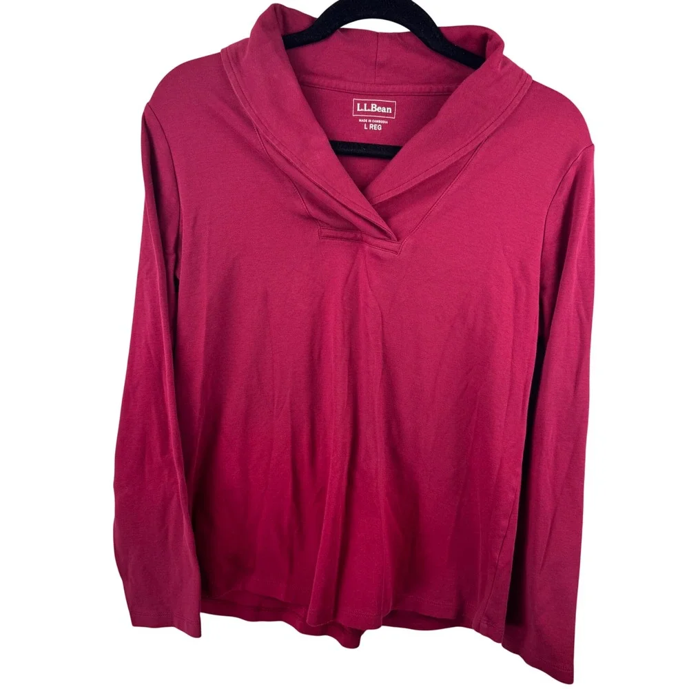 LL Bean Shawl Collar Tops Set Two Womens Large Red Lavender 100% Cotton 290348